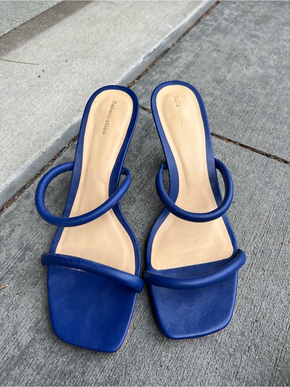 Reformation Royal Blue Double Strap Square-Toe Slide Mules